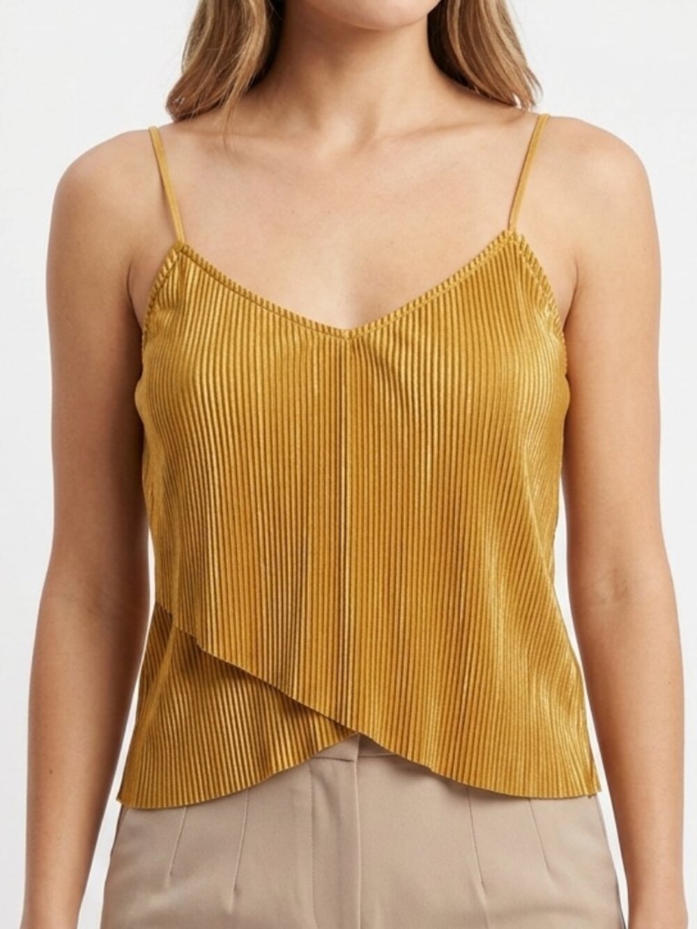 Kendall + Kylie Gold Metallic Pleated Ruffle Cami Top Size M Medium